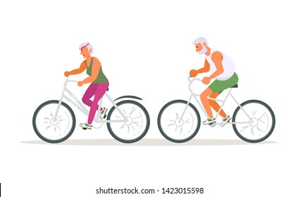 Family seniors On Cycle Ride. Old People riding bicycles isolated on white background. Elderly couple enjoying free time together. Flat Art Vector illustration