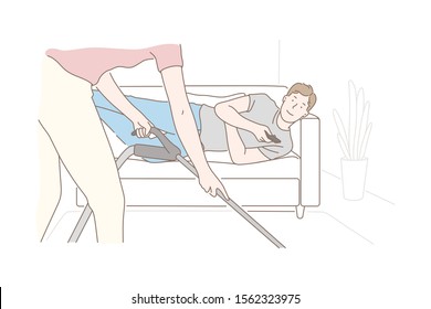 Family, service, domestic, cleanness concept. Young man,husband lying on couch while his wife do housework. Son is resting after school, mother cleans the room. Cohabitation. Flat simple vector.