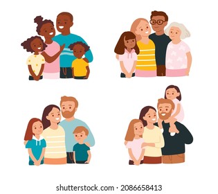 Family set, collection, bundle. Portraits of afro american and caucasian families with minor children. Happy multiethnic, multicultural family. Flat design.