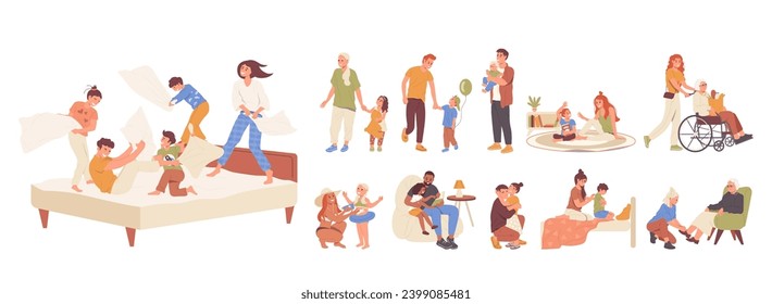 Family set with happy parents, children having fun, spending time together, caring elderly relatives