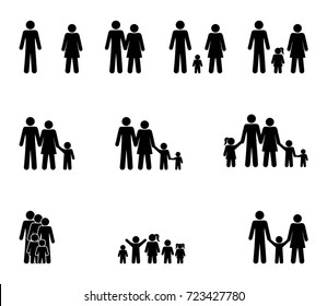 Family Set Of Icons, Stick Figure Man And Woman, Girls And Boys Isolated Pictograms Vector