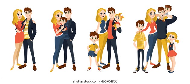 Family set  with mom, dad, kids. Characters in cartoon flat style. Vector illustration of family portrait isolated on white background.