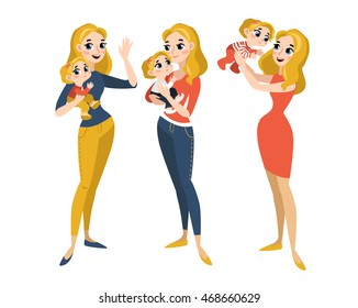 Family set  with mom and daughter. Characters in cartoon flat style. Vector illustration of family portrait isolated on white background.