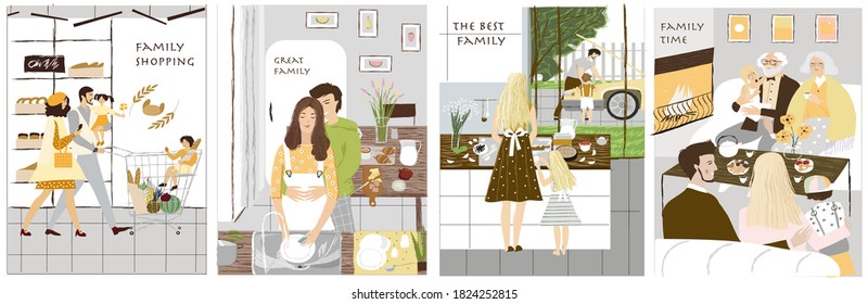 
Family. Set of vector illustrations with happy family for cards, books, prints, invitations, posters, labels.