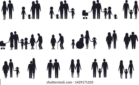Family. Set of vector isolated silhouettes of different family types on transparent background.