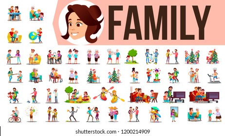 Family Set Vector. Family Members Spending Time Together At Home, Outdoor. Father, Mother, Son, Daughter, Grandmother, Grandfather. Lifestyle Situations. Cartoon Illustration
