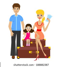 family sets forth for vacation and sit on suitcases, vector illustration