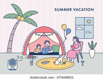 The Family Is Setting Up A Tent In The House And Enjoying Their Vacation. Flat Design Style Minimal Vector Illustration.