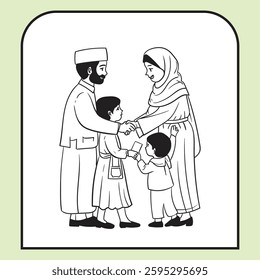 A family shares a moment of happiness as parents give gifts to their children. The setting reflects a warm celebration, symbolizing love and tradition.