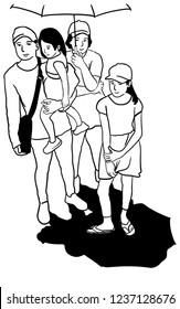 The family are sharing  umbrella and carrying a child.