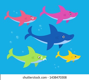 The family shark bright children illustration. Art for kids books. Mommy, daddy, grandma and granddaddy sharks family. 