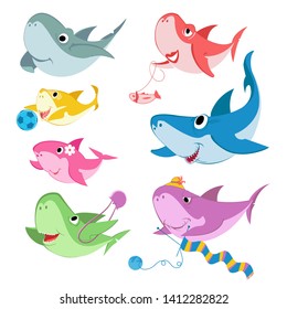 Family Shark Set Of Colorful Cartoon Fish Character Isolated On White Background. Baby, Mama, Papa, Grandma, Grandpa And Sister Shark