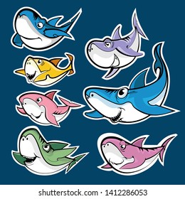 Family shark set of colorful cartoon fish character isolated on white background. Baby, Mama, Papa, Grandma, Grandpa and Sister Shark