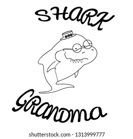Family sharks. Grandma shark. In a straw hat with flowers. Cute cartoon outline of sea animals. Print for clothes