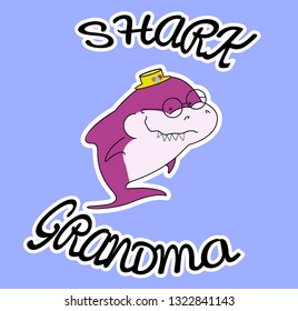 Family sharks. Grandma shark. In a straw hat with flowers. Cute cartoon purple character with eyeglasses of sea animals. Print for clothes