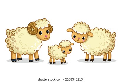 A family of sheep stands on a white background. Vector illustration with a ram in cartoon style.