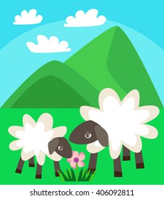 the family of sheep walking in a green meadow on a background of mountains and blue sky with clouds, loving and caring mother sheep helps her baby lamb vector flat illustration