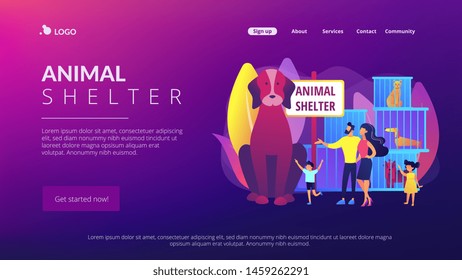 Family in shelter choosing puppy. Homeless dogs in cages. Animal shelter, rescues for pet adoption, come to pick a friend concept. Website homepage landing web page template.