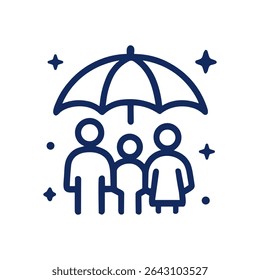 Family sheltered under umbrellas embrace. Icon symbol illustration