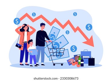 Family shocked at economic crisis vector illustration. Drawing of mother, son and father with shopping cart and downward arrow, pile of products. Inflation, recession, finances, economy concept