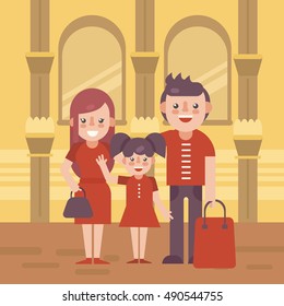Family shoping flat vector illustration. Young family with purchases in the mall. Mother, father and daughter flat illustration. Young parents flat vector illustration. Family concept.