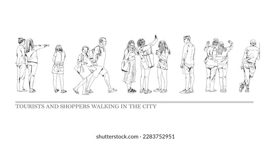 Family, shoppers, tourists walking in the city. Sketch. Collection of silhouettes for project. 