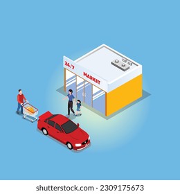 Family shopping in a 24 hours open store isometric 3d vector illustration concept for banner, website, illustration, landing page, flyer, etc.