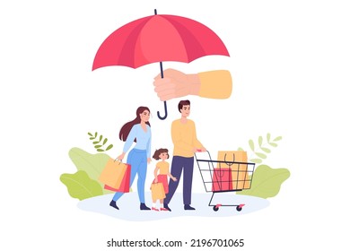 Family with shopping bags standing under umbrella. Consumer rights protection flat vector illustration. Defense, law, safety, justice, privacy, commerce, regulation concept