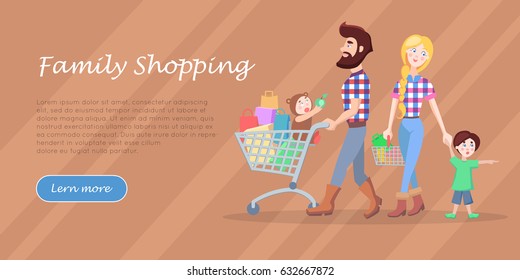 Family shopping banner. Young man and woman make purchases with kids cartoon flat vector illustration. Father and mother buying gifts on holiday sale with son and daughter