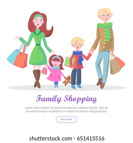 Family shopping banner. Young man and woman make purchases with kids cartoon flat vector illustration isolated on white background.