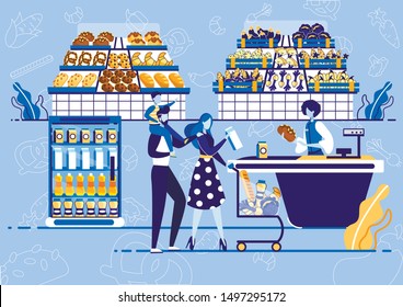 Family with Shopping Cart Buying Products at Grocery Store Flat Cartoon Vector Illustration. Girl Purchasing Food at Supermarket. Customer in Retail Shop. Сashier Calculating. Shelves.