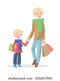 Family shopping cartoon concept isolated on white background. Young blonde man make purchases with child flat vector illustration. Father buying gifts on winter holiday sale with little son
