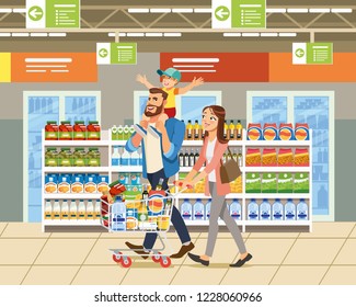 Family Shopping Cartoon Vector Illustration With Father, Mother And Child Walking With Shopping Cart Full Of Goods Near Shelves With Food In Supermarket. Parents With Son Buying Groceries Concept