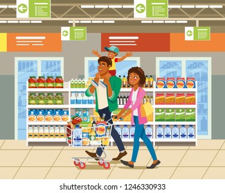 Family Shopping Cartoon Vector Illustration with African-American Father, Mother and Child Walking with Shopping Cart Full of Food Near Shelves in Supermarket. Happy Parents with Son Buying Groceries