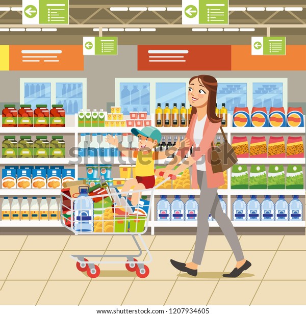 Family Shopping Cartoon Vector Illustration with Woman Riding Boy on