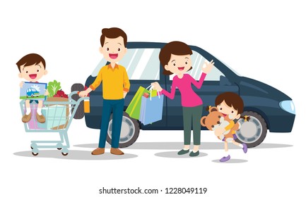 family shopping characters isolated on white background, cartoon style,Dad son mom daughter are shopping.