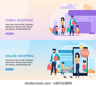 Family Shopping at City Mall and in Online Market Landing Page with Title and Editable Text. Big Sale and Great Discount Offer at Food Store for Parents and Children. Vector Cartoon Flat Illustration