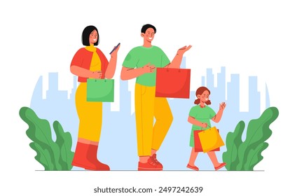 Compras familiares en la ciudad. Hombre y mujer con hija caminan con compras. Comercio minorista y consumismo. Regalos y regalos. Ventas y descuentos. Ilustración vectorial plana aislada sobre fondo blanco