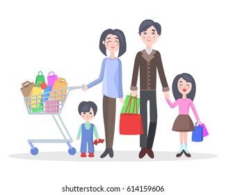 Family shopping concept isolated on white. Young man and woman make purchases with kids cartoon flat vector illustration. Father and mother buying gifts on holiday sale with son and daughter