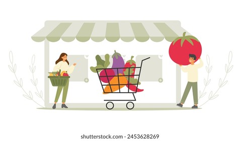 Family shopping concept. man and woman buy products from online store. Full shopping trolley