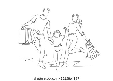 Family shopping. Shopping with family concept one-line drawing