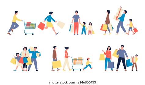 Family shopping. Consumers parents with kids holding shop bags and boxes with gift. Supermarket and boutuque fun customers, cartoon flat recent vector characters