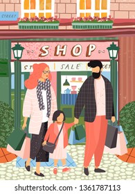 Family shopping. Cute vector illustration of a family walking down the street to shop. Mother, father and child with packages on sale. Drawing by hand for a poster, card or cover