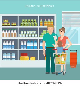 Family shopping design in blue color with couple and child goods in trolley supermarket shelves vector illustration 