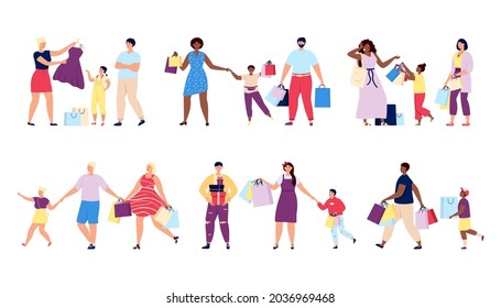 Family shopping. Fashion store, people clothes buy. Boutique customer, happy friends in shop. Retail, woman man hold utter bags vector characters