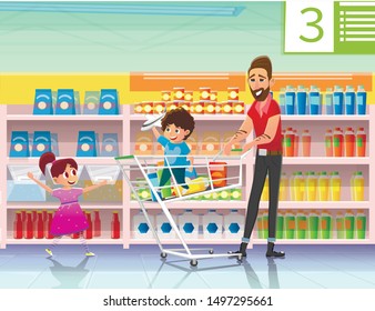 Family Shopping with Father Flat Cartoon Vector Illustration. Dad and Happy Children in Supermarket. Man Pushing Trolley Cart with Boy inside Holding Plane Toy. Girl Running among Shelves.