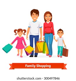 Family shopping. Father and mother, brother and sister are holding in hands lots of shopping bags.  Flat style vector illustration isolated on white background.