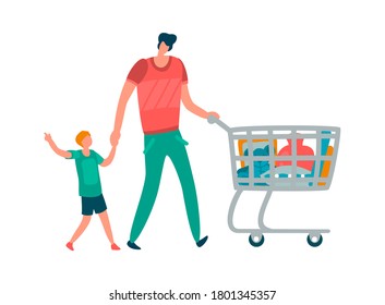 Family shopping. Father and son shopper together, man with trolley and boy holding cart in supermarket or mall. Modern cartoon flat vector isolated illustration