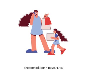 Family shopping flat composition with characters of mother with girl daughter holding shop bags vector illustration