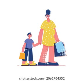 Family shopping flat composition with characters of son and mother with shopping bags vector illustration